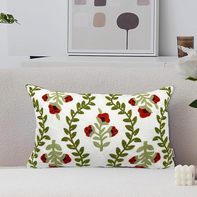 Alysheer Floral Embroidered Summer Lumbar Decorative Throw Pillow Cover 12"x 20", Farmhouse Cottage Red Flowers Green Leaves Patterned Cotton Canvas Cushion Case for Sofa Couch Bed Living Room Decor-Ruum Studio Home