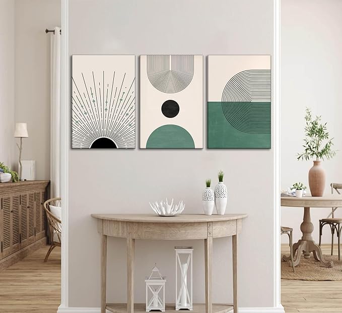 3 Pcs Sage Green Boho Canvas Wall Art Modern Abstract Minimalist Neutral Bohemian Sun Geometric Line Painting Picture Wall Decor Poster Print Artwork for Living Room Bedroom Home Decoration-Ruum Studio Home