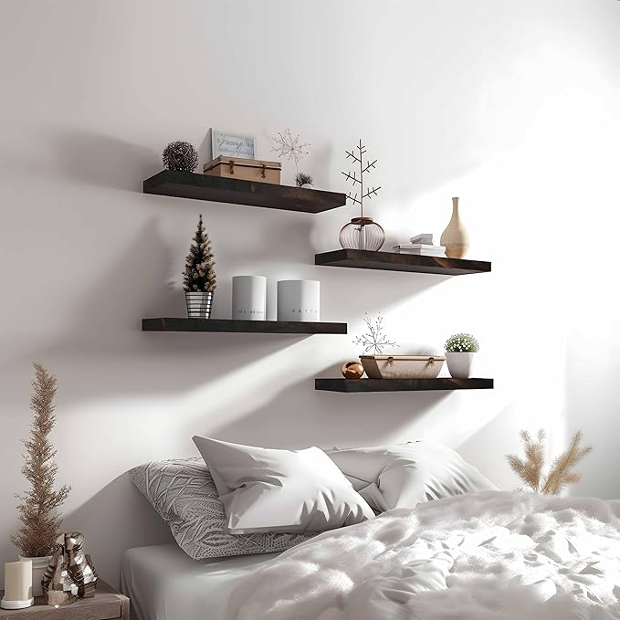Wood Floating Shelves for Wall Decor, Rustic Wall Shelves for Bedroom Bathroom Kitchen Living Room, Set of 6 Walnut-Ruum Studio Home