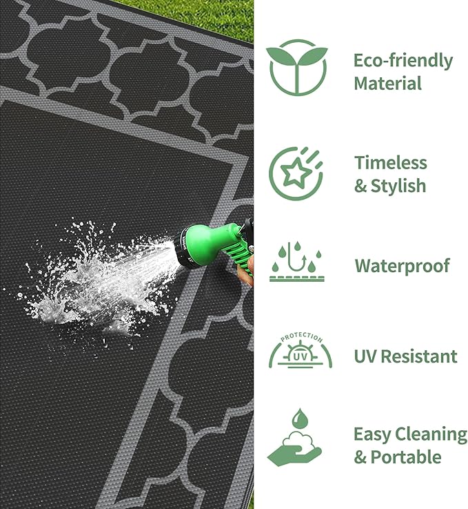 GENIMO 10 ' x 14 ' Outdoor Rug Waterproof for Patio Decor, Foldable Reversible Plastic Straw Area Rugs Mat for Camper, Outside Carpet for Rv, Deck, Porch, Picnic, Beach, Balcony, Black & Grey-Ruum Studio Home