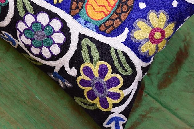 Lumbar Four Owls Decorative Pillow Cover Blue Whimsical Hand Embroidered Wool 14x20-Ruum Studio Home