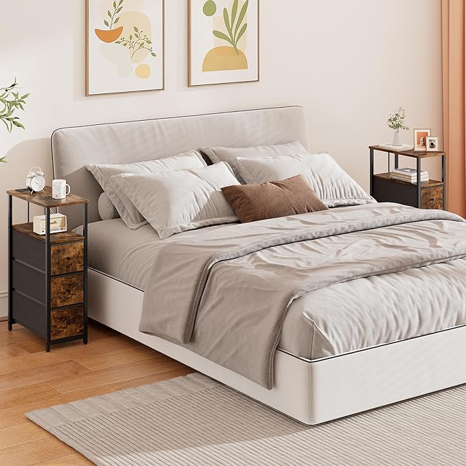 TUTOTAK Narrow Night Stand with Charging Station, Slim End Table with Plugins, Tall Side Table with 3 Fabric Drawer, Small Bedside Table with Storage, Living Room, Bedroom, Brown TB01BB086-Ruum Studio Home