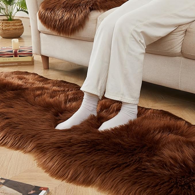 AMTOVO Faux Sheepskin Rug, Coffee Ultra Soft Fluffy Shag Area Rug, 2 x 6 ft Faux Fur Rug for Bedroom Sofa Throw Cushion Room Decor, Sheepskin-Ruum Studio Home