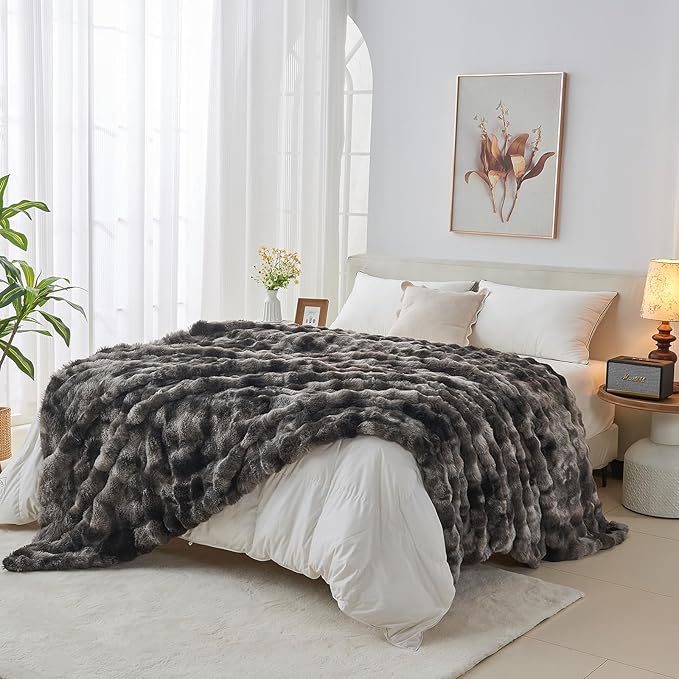 Lotus Karen Faux Fur Throw Blanket Tie-Dye Dark Gray - Big Bubble Rabbit Fluff Blanket for Couch, Small Fluffy Fuzzy Cozy Blanket, Thick Furry Plush Shaggy Blankets, 50x60 Inches-Ruum Studio Home