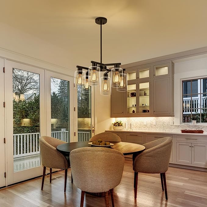 6-Light Modern Farmhouse Black Chandelier, Dining Room Light Fixture Over Table Adjustable Height Hanging Industrial Pendant Lights Kitchen Island, Clear Glass Shade-Ruum Studio Home