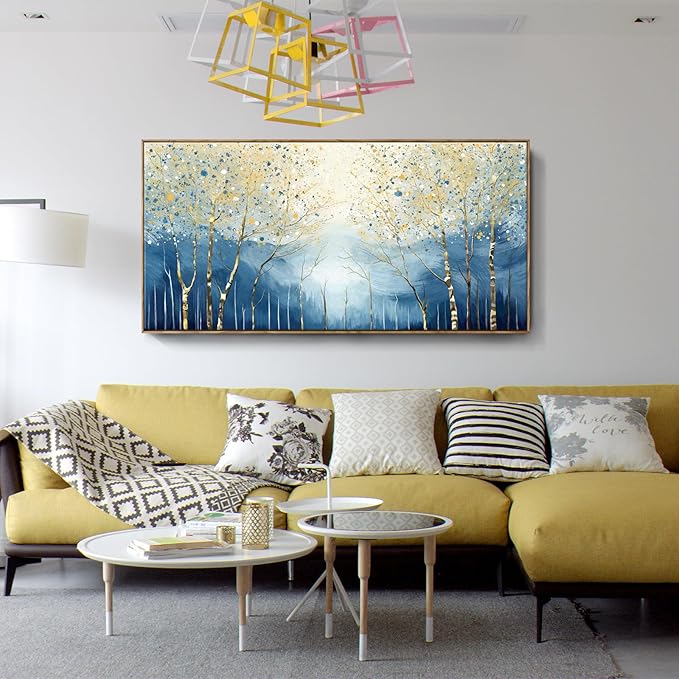 amatop Extra Large Framed Wall Picture for Living Room Abstract Forest Canvas Art Print Modern Landscape Tree of Life Picture Oversized Birch Artwork Bedroom Home Office Decor Blue Orange 58x29 Inch-Ruum Studio Home