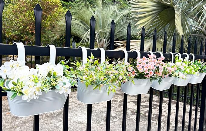 10" Hanging Flower Pots, Pack of 8 White Metal Outdoor Patio Balcony Planter, Railing Planters Fence Pot with Detachable Hook & Drainage Hole for Small Plants (White, 8Pcs)-Ruum Studio Home