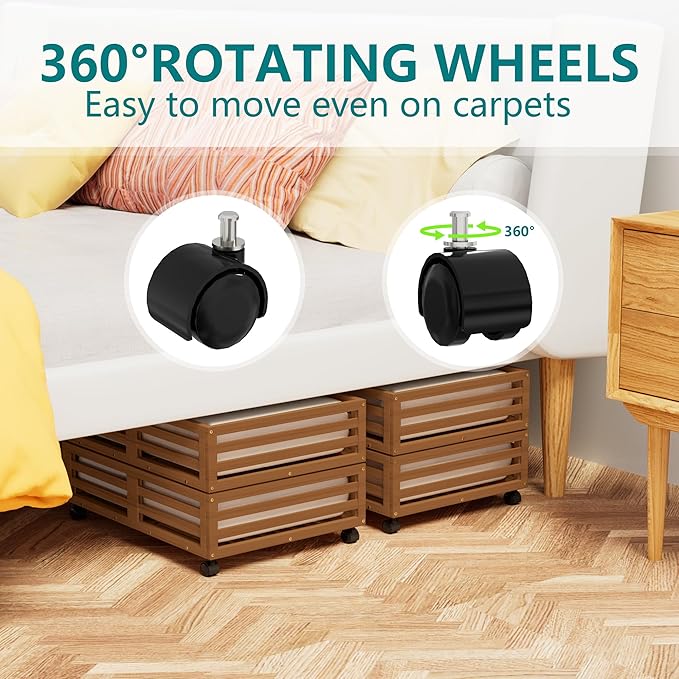 Bamboo Under Bed Storage Containers- Underbed Organizer with Wheels with Large Dust Bag,Sturdy Wood Rolling Under the Bed Shoe Storage Organizer Drawer 2 Packs (Walnut, Small)-Ruum Studio Home
