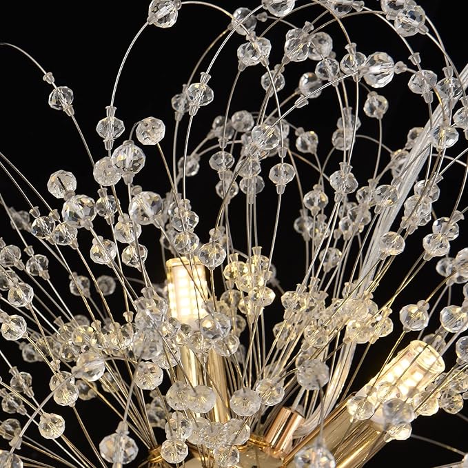 Modern Dandelion Chandelier, Sputnik Crystal Beaded Ceiling Lamp with Gold Finish, Round Sunflower Pendant Light Fixtures for Dining Room Bedroom Foyer Farmhouse (Gold 12Lights)-Ruum Studio Home