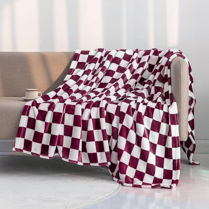LOMAO Throw Blankets Flannel Blanket with Checkerboard Grid Pattern Soft Throw Blanket for Couch, Bed, Sofa Luxurious Warm and Cozy for All Seasons (Burgundy, 50"x60")-Ruum Studio Home