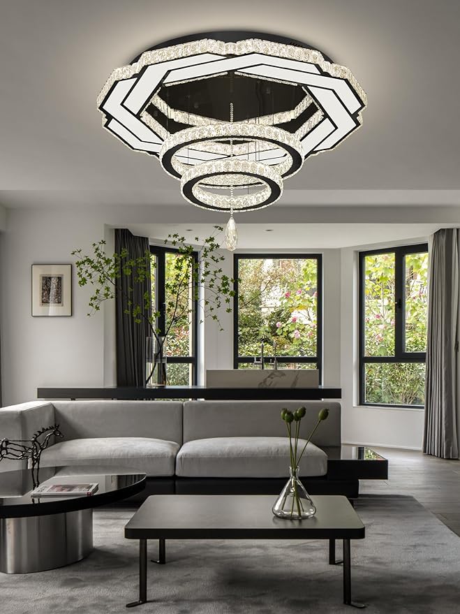Flashing God Dia 32" Modern Crystal Chandelier Crystal Black Ceiling Light Fixtures LED Flush Mount Ceiling Light for Living Room Bedrooms Dining Room Dimmable 2700k- 6000k-Ruum Studio Home