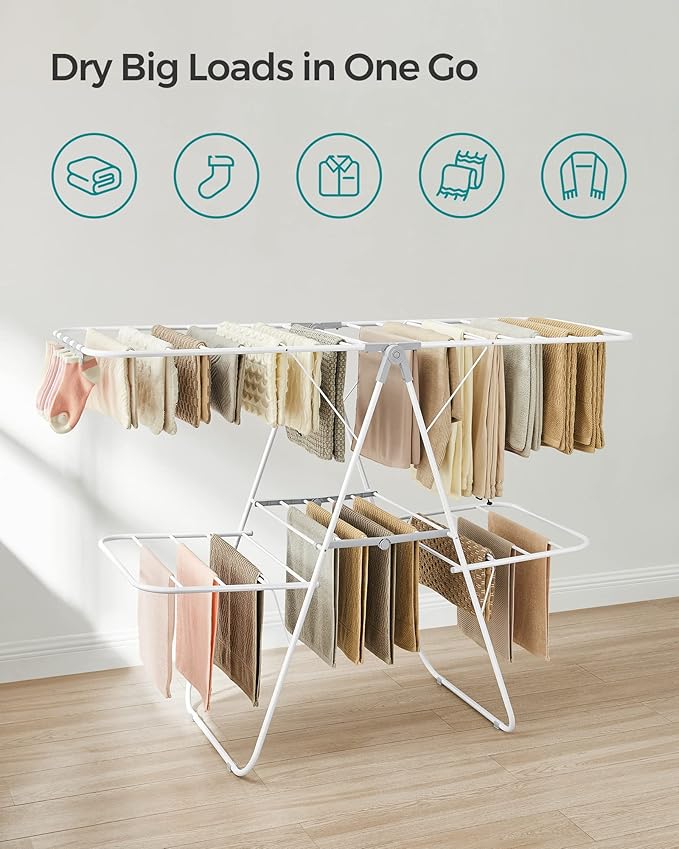 SONGMICS Clothes Drying Rack, Foldable 2-Level Laundry Drying Rack, Free-Standing Laundry Airer, with Height-Adjustable Wings, 33 Drying Rails, Sock Clips, White and Gray ULLR053G01V1-Ruum Studio Home