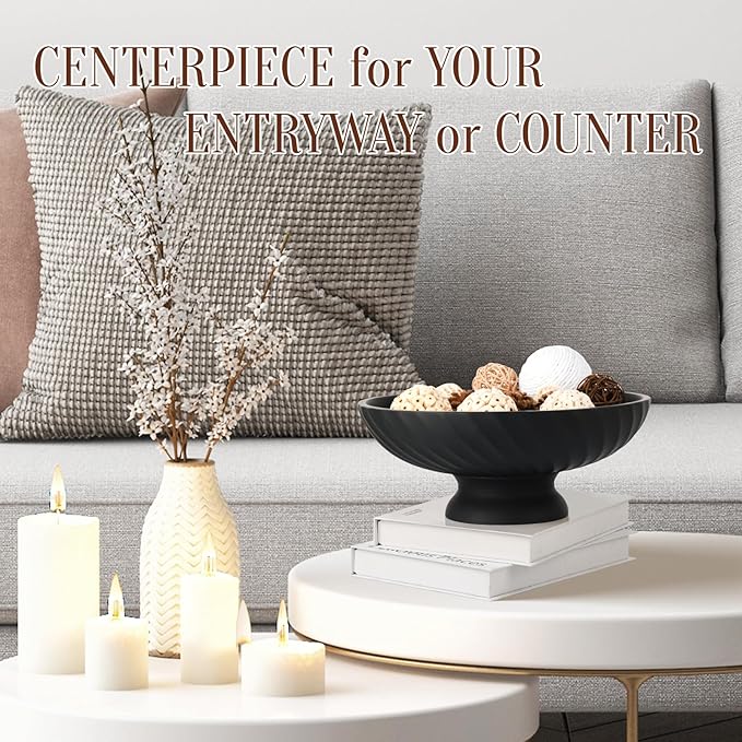 Large Resin Pedestal Decorative Bowl - Modern Fruit Bowl for Kitchen Counter - Handicraft Bowls for Home Decor - Key Bowl for Entry Table,Matte Black-Ruum Studio Home