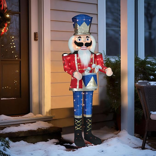 5FT Lighted Nutcracker with Drum for Christmas Decoration, Pre-Lit 3D Iridescent Soldier Xmas Decor with 100 Warm White Lights, Glittered Standing Holiday Display for Outdoor, Indoor-Ruum Studio Home