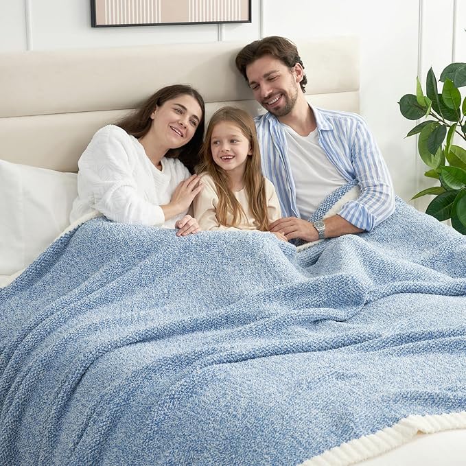 Snuggle Sac Queen Size Bed Blanket Heather Blue, Reversible Super Soft Microfiber Blankets Warm Cozy Knit Fuzzy Plush Bed Blankets, Blue, Queen 90x90-Ruum Studio Home