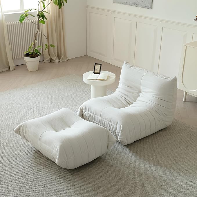 Luxury Ottomans, Modern Square Foot Rest for Sofa Couch Chair, Lazy Floor Seating, Fireside Bean Bag Chair, Tatami Sofa Lounger for Living Room, Bedroom, Office, White-Ruum Studio Home