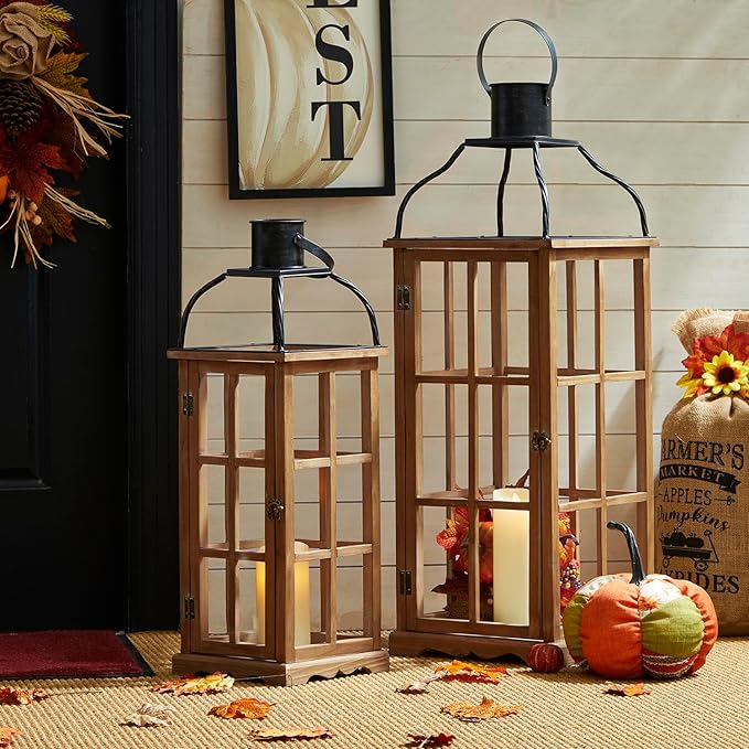 Glitzhome Set of 2 Oversized Farmhouse Wood Lanterns with Metal Top Decorative Hanging Candle Lanterns for Home Décor, Natural (No Glass)-Ruum Studio Home