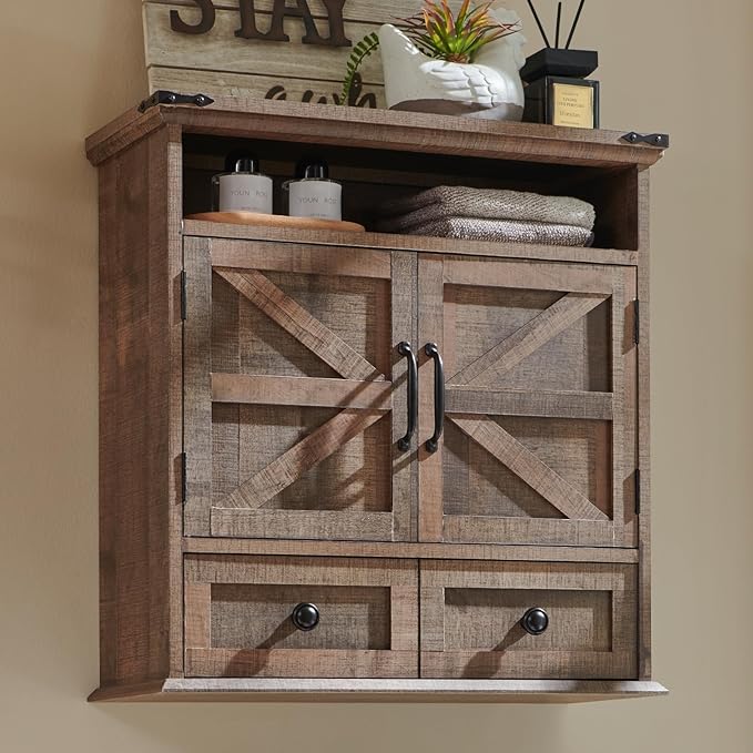 Bathroom Wall Cabinet, Farmhouse 24" Wide Medicine Cabinet with Drawer, Adjustable Shelf, Double Barn Doors, Storage Cabinets for Bathroom, Kitchen, Living Room, Rustic Brown-Ruum Studio Home