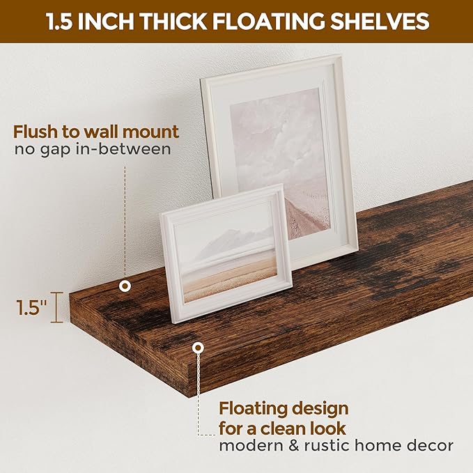 Floating Shelves 55 Inch Long, 55"W x 9"D Wall Shelf Invisible Bracket, 9 Inch Deep Floating Shelf for Wall, Rustic Wooden Shelves for Living Room, Kitchem, Bedroom, Rustic Brown Color, Set of 1-Ruum Studio Home
