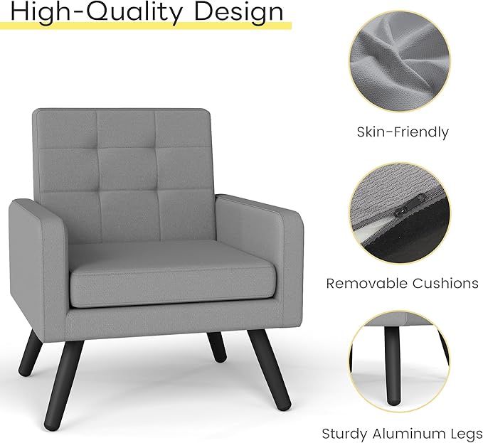 Kromax Mid-Century Modern Accent Chair for Living Room, 496 Lb. Weight Capacity, Dual Armrests, Comfy Extra Large Seat, Timeless Style Perfect for Reading & Relaxing, Light Grey-Ruum Studio Home