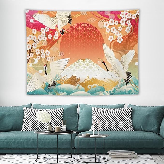 HZOHNAGO Japanese Tapestry Cherry Blossom Crane Sea Wave Fuji Mountain Red Sun Pattern Printed Wall Tapestry Painting Wall Hanging for Bedroom Living Room Dorm 80" W x 60" H-Ruum Studio Home