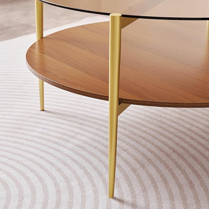 Extra Large Round Coffee Table, Mid-Century Modern Design, D34 x H17 in, for Living Room, 2-Tier Structure, Amber Glass Top and Walnut MDF Shelf, Sleek Conical Metal Legs with Gold Finish-Ruum Studio Home
