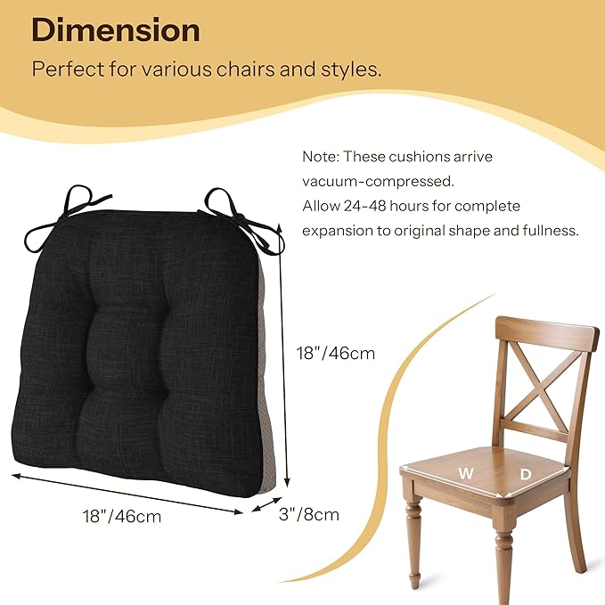 Non Slip Chair Cushions for Dining Chairs Set of 4 Kitchen Chair Cushions 18"x18"x3" Turfted Chair Pads Comfortable and Soft Seat Cushion with Ties, Black-Ruum Studio Home