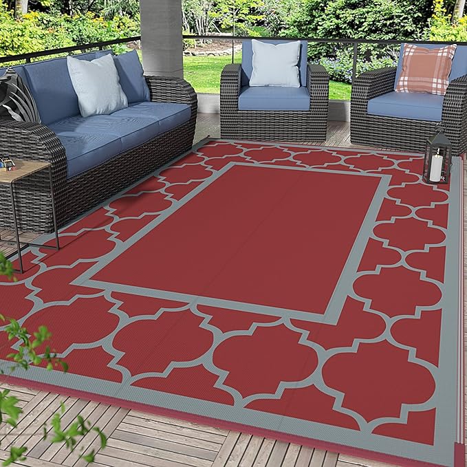 GENIMO 5' x 8' Outdoor Rug Waterproof for Patio Decor, Foldable Reversible Plastic Straw Area Rugs Mat for Camper, Outside Carpet for Rv, Deck, Porch, Picnic, Beach, Balcony, Red & Grey-Ruum Studio Home