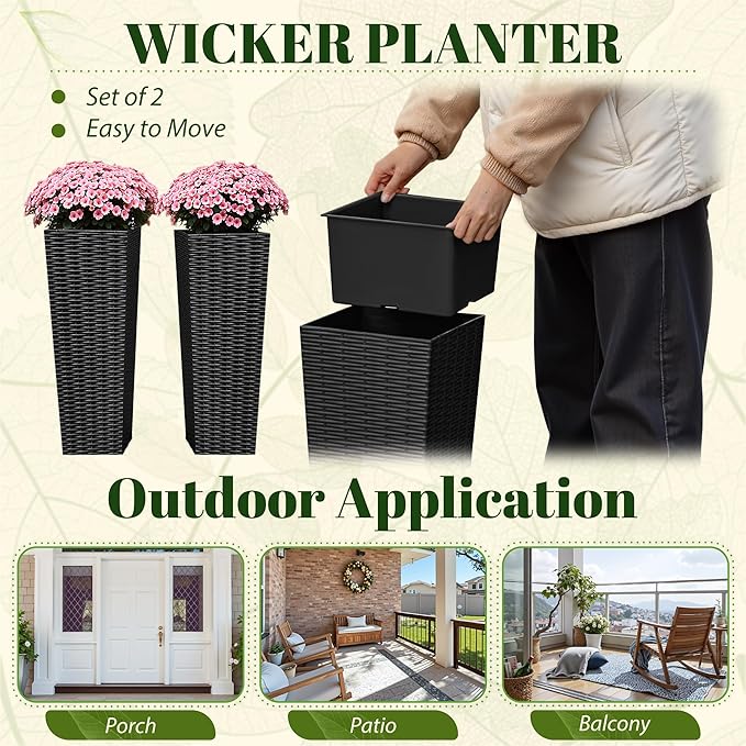 JUMMICO Set of 2 Resin Rattan Tall Planters for Outdoor Plants, Large Tapered Planters with Drainage Holes&Inner Trays, Flower Pots for Garden, Patio, Porch, Backyard (Black, 24'')-Ruum Studio Home