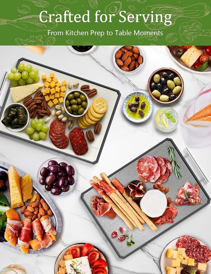 Titanium Cutting Boards for Kitchen, 2 in 1 Metal Cutting Board for Chopping Meat/Vegetables, Double Sided Pure Titanium&Wheat Straw PP Chopping Board, Food-Grade, Dishwasher Safe Large 16.3”×11-1 PC-Ruum Studio Home