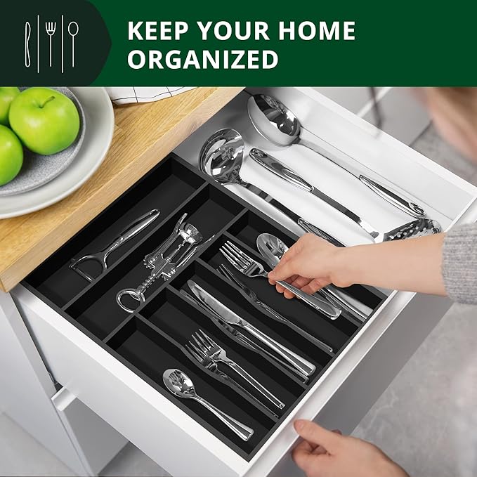 ROYAL CRAFT WOOD Luxury Bamboo Kitchen Drawer Organizer - Silverware Organizer - Utensil Holder and Cutlery Tray with Grooved Drawer Dividers for Flatware and Kitchen Utensils (7 Slot, Black)-Ruum Studio Home