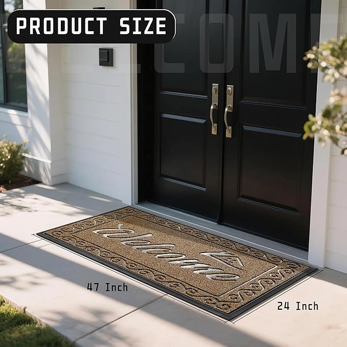 Yimobra Welcome Mat, Heavy Duty Sturdy Door Mats for Home Entrance Outdoor Indoor, Front Doormat for Outside Patio Floor Entry Porch Garage Office, Waterproof, Low Profile, 47 x 24, Beige Brown-Ruum Studio Home