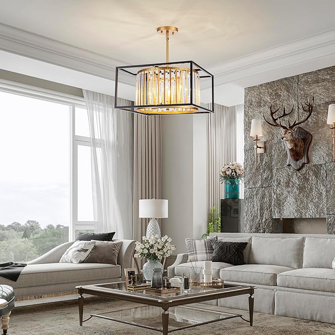 5-Lights K9 Crystal Chandelier, Modern Style Pendant Light Fixture for Dining Room, Bedroom & Living Room, Gold & Black Finish, L16.5 * W16.5 * H12~48 inch (Adjustable Height)-Ruum Studio Home