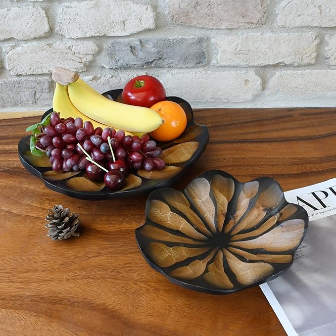 AeraVida 8-Inch Handmade Mango Wood Lotus Blossom Plate Tray | Decorative Carved Wooden Bowl for Tabletop, Entryway or Kitchen | Rustic Boho Accent Dish for Home Décor or Gifting-Ruum Studio Home