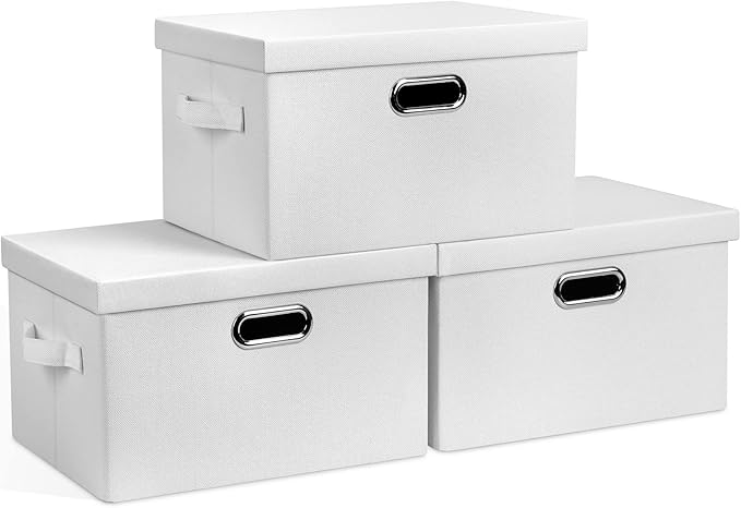 Medium 15" 21 Quart Collapsible Stackable Storage Bins with Lids, 3 Packs White Foldable Fabric Closet Boxes Heavy-duty Linen Cube Baskets Container for Bedroom Office (15 x 11 x 8)-Ruum Studio Home