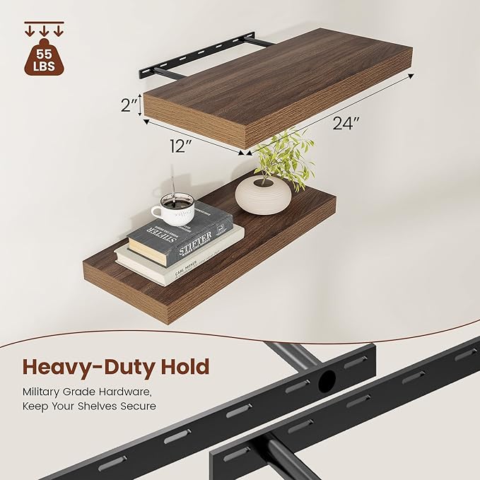 Wide Floating Shelves for Wall 12 Inch Deep, 24" X 12" X 2" Floating Shelf, 2 Inch Thick Shelf for Bathroom Bedroom Kitchen Book Room, Heavy Duty 55lbs Shelves for Farmhouse Decor Set of 2, Walnut-Ruum Studio Home