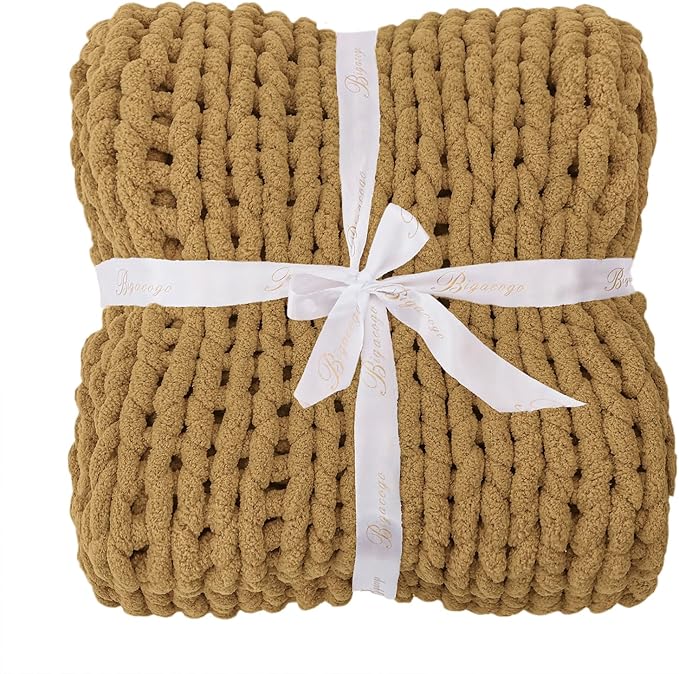Bigacogo Chunky Knit Throw Blanket for Couch, 40x40 inches, 100% Hand Knitted with Thick Jumbo Chenille Yarn, Cozy Soft Large Rope Knot Cable Crochet Blankets for Sofa Bed Living Room, Goldenrod-Ruum Studio Home