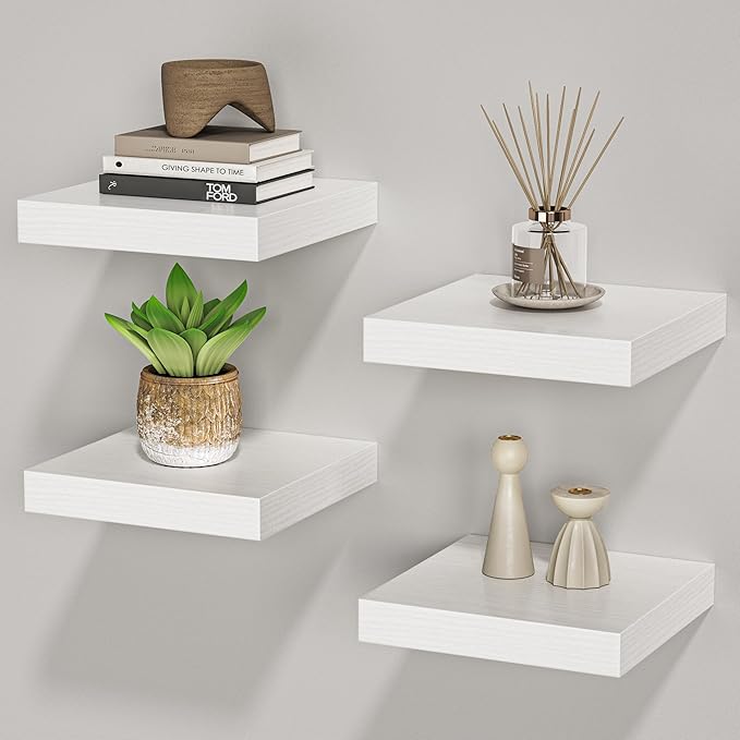 Square Floating Shelves for Wall, 8" W x 8" D x 1.2" H, Small Wooden Wall Mounted Display Shelves with Invisible Brackets for Living Room, Bedroom, Bathroom, Kitchen Decor, Set of 4, White-Ruum Studio Home