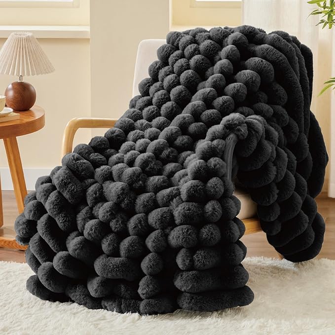 BEDELITE Faux Fur Throw Blanket for Couch, Soft and Cozy Luxurious 3D Striped Fluffy Blanket, 770GSM Thick Warm Plush Fuzzy Faux Rabbit Fur Blanket for Women Gift (Black, 60"x 80")-Ruum Studio Home