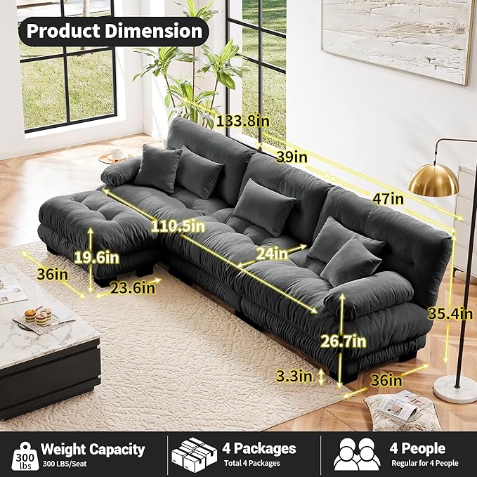 L Shaped Couch Sectional Couch, 3-Seater Cloud Couch Sectional Oversized Couch, Sofa Bed Couch with Round Bolster Armrests 5 Pillows, Modular Couch Home Sofa Living Room Couch(Gray)-Ruum Studio Home