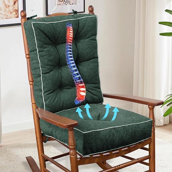 YZ HOME Rocking Chair Cushion, Set of Thicken Seat & Back Chair Cushions with Memory Foam, Non-Slip Chair Pad with Ties for for Indoor&Outdoor Rocker, Dark Green, 28 * 18 * 5/18x18x5-Ruum Studio Home