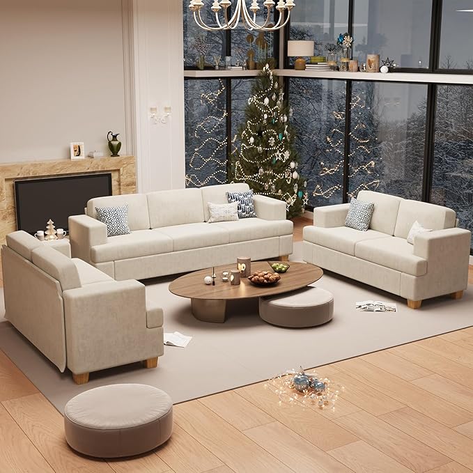 Sofa, 89" 3-Seater Deep Seat Sofa, Modern Comfy Couches for Living Room Apartment Lounge, Beige Chenille-Ruum Studio Home