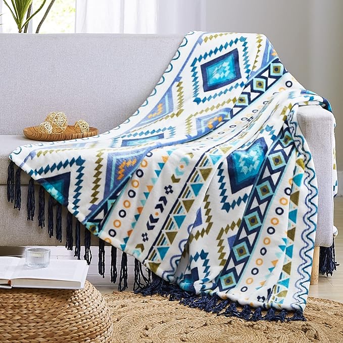 CASAAGUSTO Boho Throw Blanket - Blue and White Decorative Blankets with Tassel, Printed Flannel Bohemian Blanket for Chair, Bed, Sofa, Couch(50 * 60, Blue and White)-Ruum Studio Home