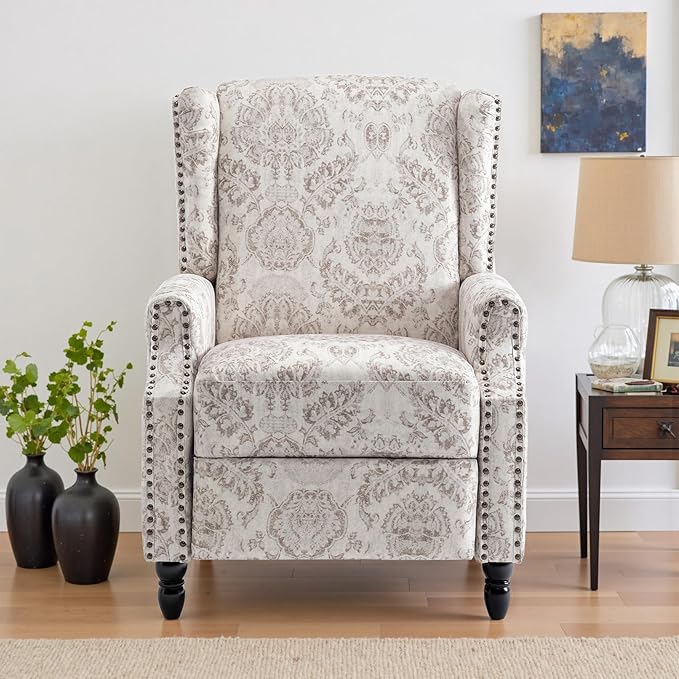 UIXE Recliner Chair, Fabric Upholstered Armchair Pushback Accent Chair for Living Room, Floral Rivet Trim Club Chair Home Theater Single Sofa Reading Seat - Beige Pattern-Ruum Studio Home