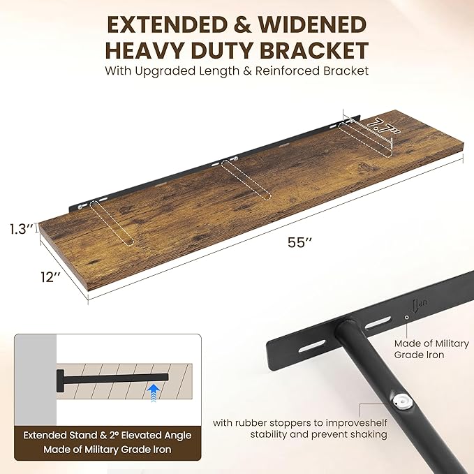 55" Floating Shelves for Wall, 12" Deep Slim Rustic Brown Floating Shelves, Wall-Mounted Shelves for Bedroom, Living Room, Kitchen, Bathroom - Set of 2-Ruum Studio Home