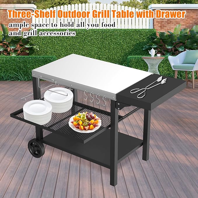 Grill Cart, Outdoor Grill Table, Pizza Oven Stand, Three-Shelf BBQ Table, Movable Dining Cart with Drawer, Fits for Ninja Woodfire Grill, Blackstone Griddle,Tabletop Grill-Ruum Studio Home