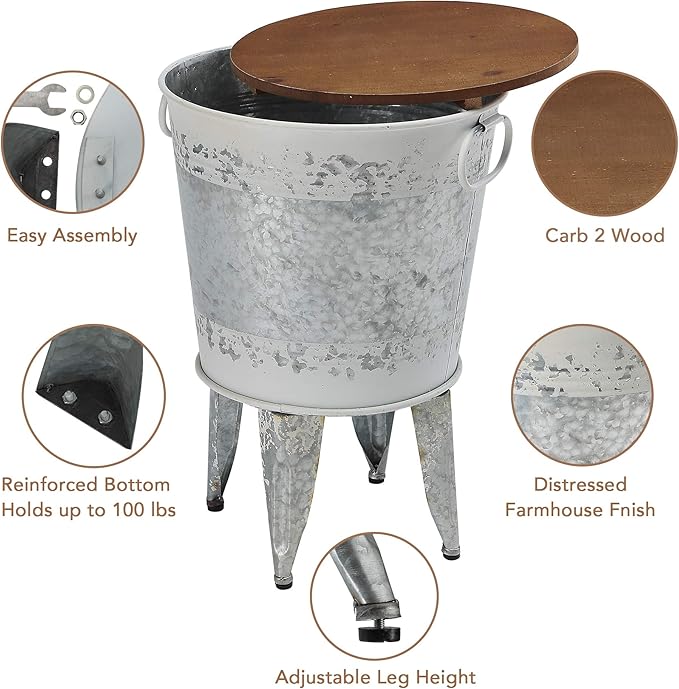 Rustic Storage Farmhouse Accent Side Table, Antique Galvanized Metal End Coffee Cocktail Table Box Bin with Round Wooden Lid Set of 2 (Distressed White)-Ruum Studio Home
