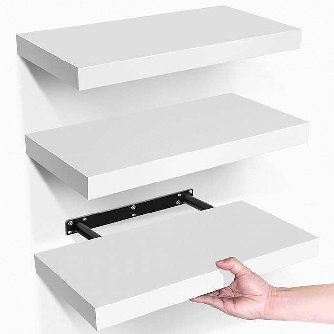 LaVie Home Floating Shelves, 15.6 Inch Wall Shelf Set of 3, Hanging Shelf with Invisible Brackets, Wall Decor for Bathroom, Bedroom, Living Room, Kitchen Storage, Modern White-Ruum Studio Home