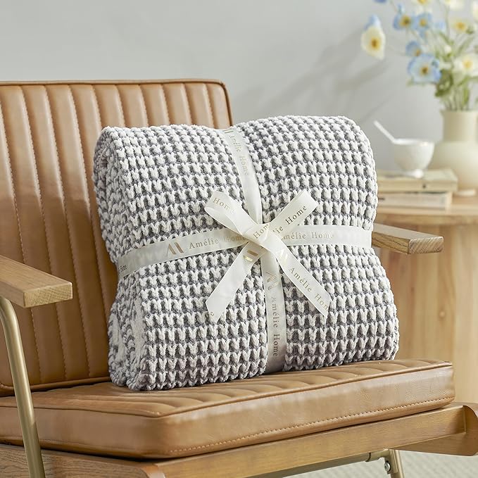 Amélie Home Chenille Waffle Throw Blanket for Couch, Reversible Pineapple Stitch Knit Soft Cozy Knit Blanket Lightweight Warm Decorative Throw for Sofa, Bed, Living Room, 50"x60", Grey&Ivory-Ruum Studio Home