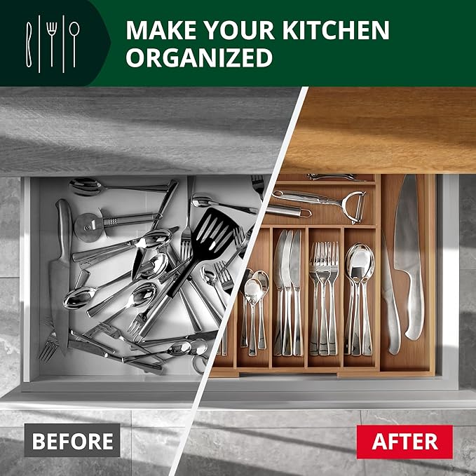 ROYAL CRAFT WOOD Luxury Bamboo Kitchen Drawer Organizer - Silverware Organizer - Utensil Holder and Cutlery Tray with Grooved Drawer Dividers for Flatware and Kitchen Utensils (9 Slot, Brown Bamboo)-Ruum Studio Home